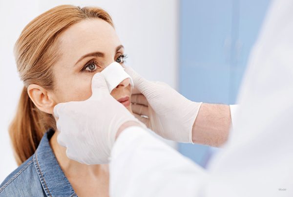 Woman having bandage applied to her nose